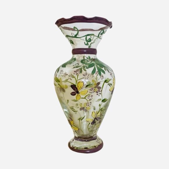 Tracy Porter Hand-Painted Bud Vase Purple Yellow Flowers Ruffled Edge 6.5” Glass - Picture 2 of 8